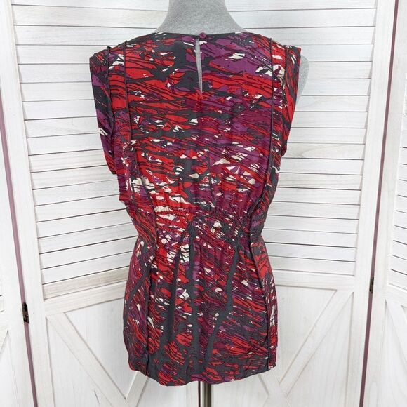 BCBGMaxAzria Abstract Print Knot Front Silk Blouse Sleeveless Black Red Medium - Picture 4 of 12